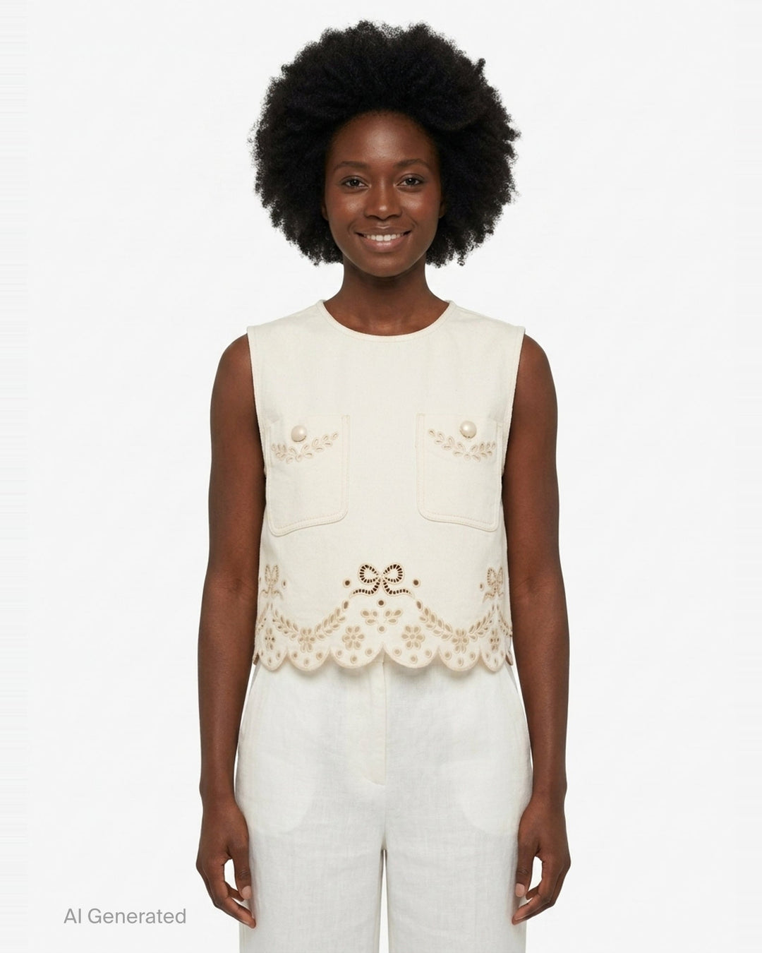 Cream Broderie Denim Top | Self-Portrait | Club21 - front