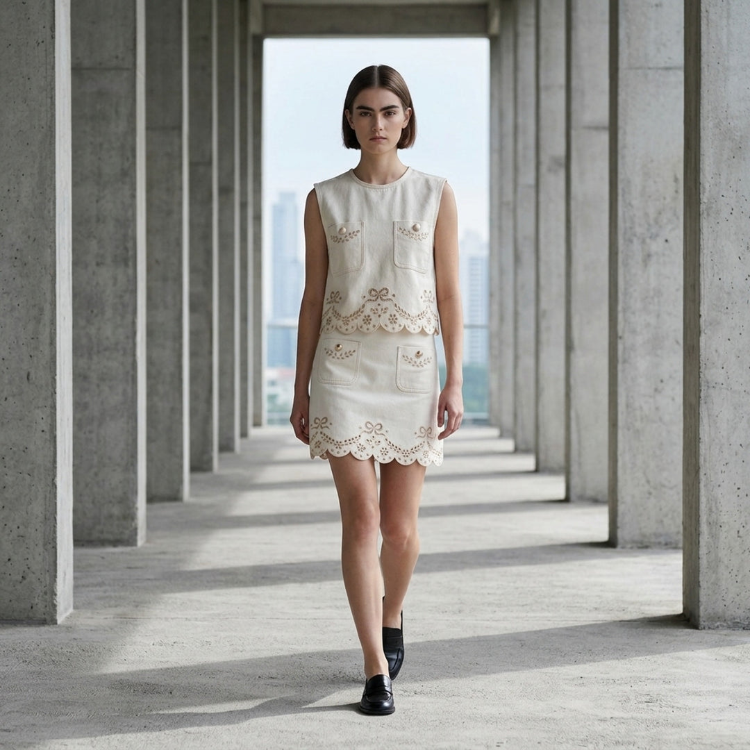 Cream Broderie Denim Top | Self-Portrait | Club21 - lifestyle