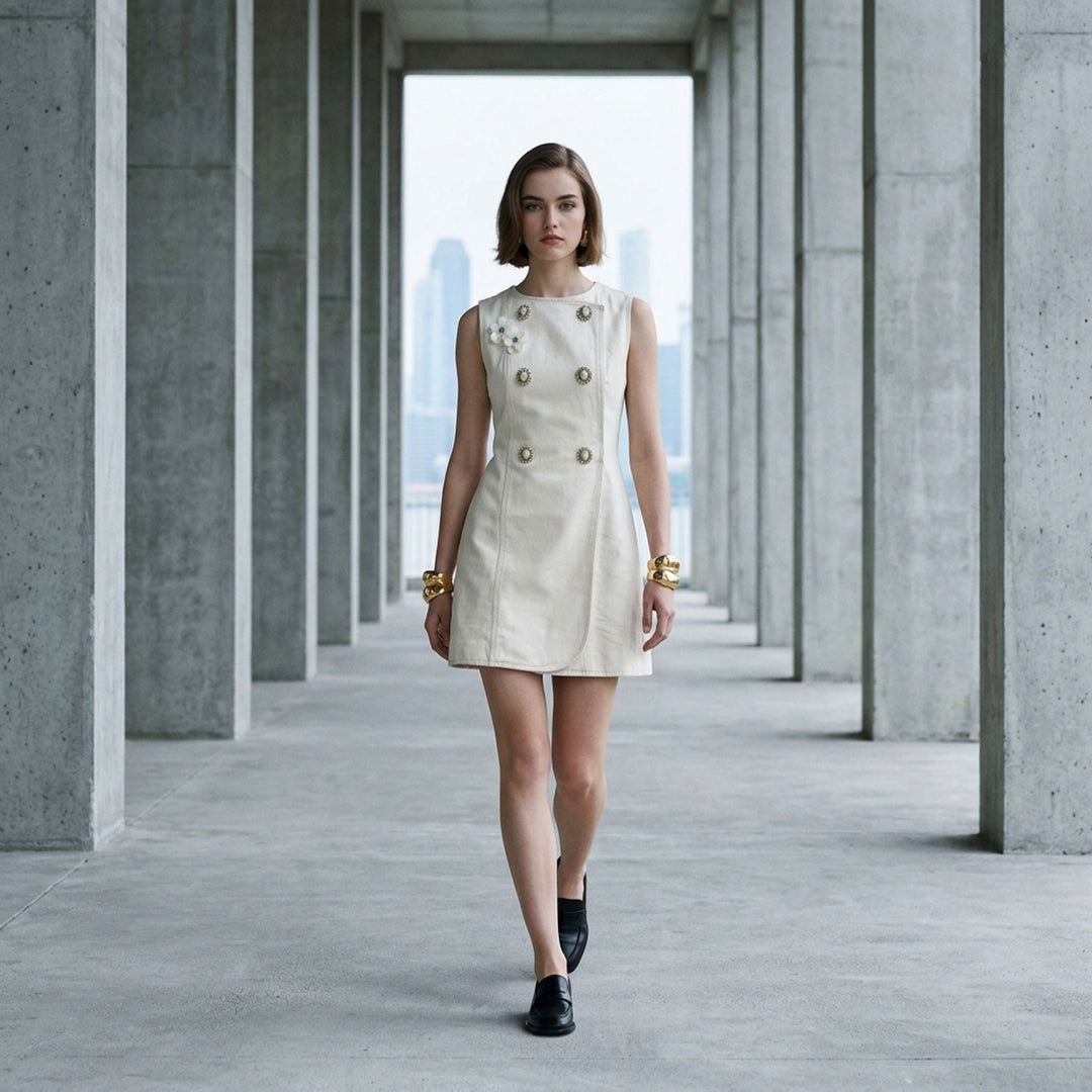 Cream Denim Double Breasted Mini Dress | Self-Portrait | Club21 - lifestyle