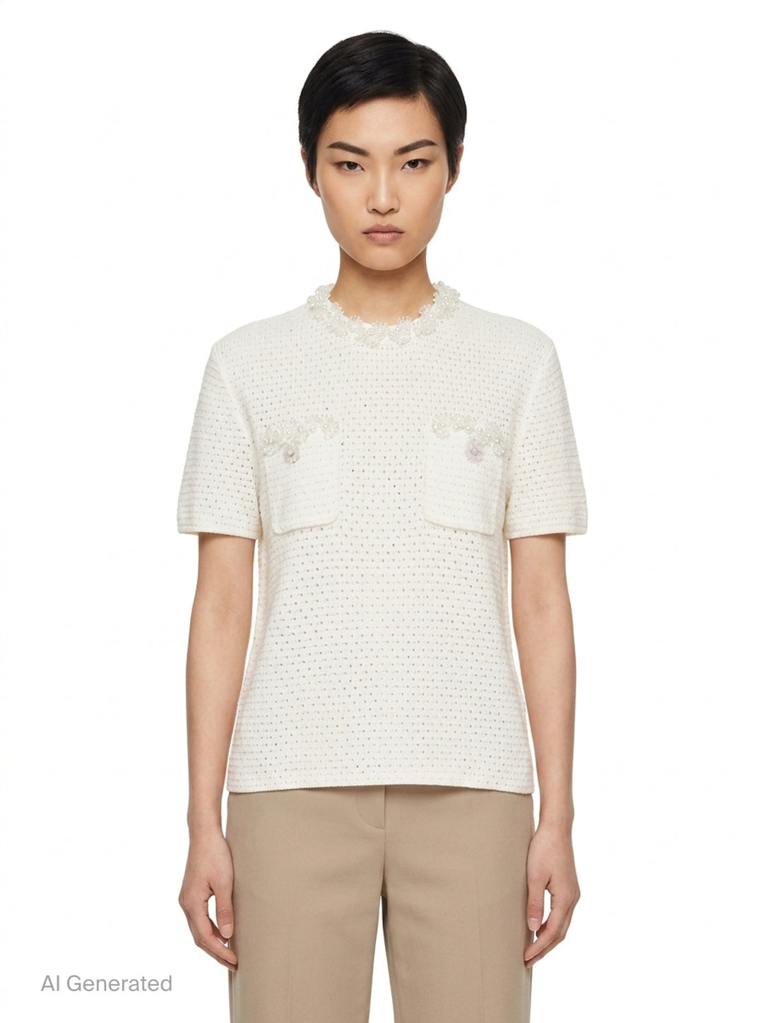 Cream Knit Pearl Trim Top | Self-Portrait | Club21 - front