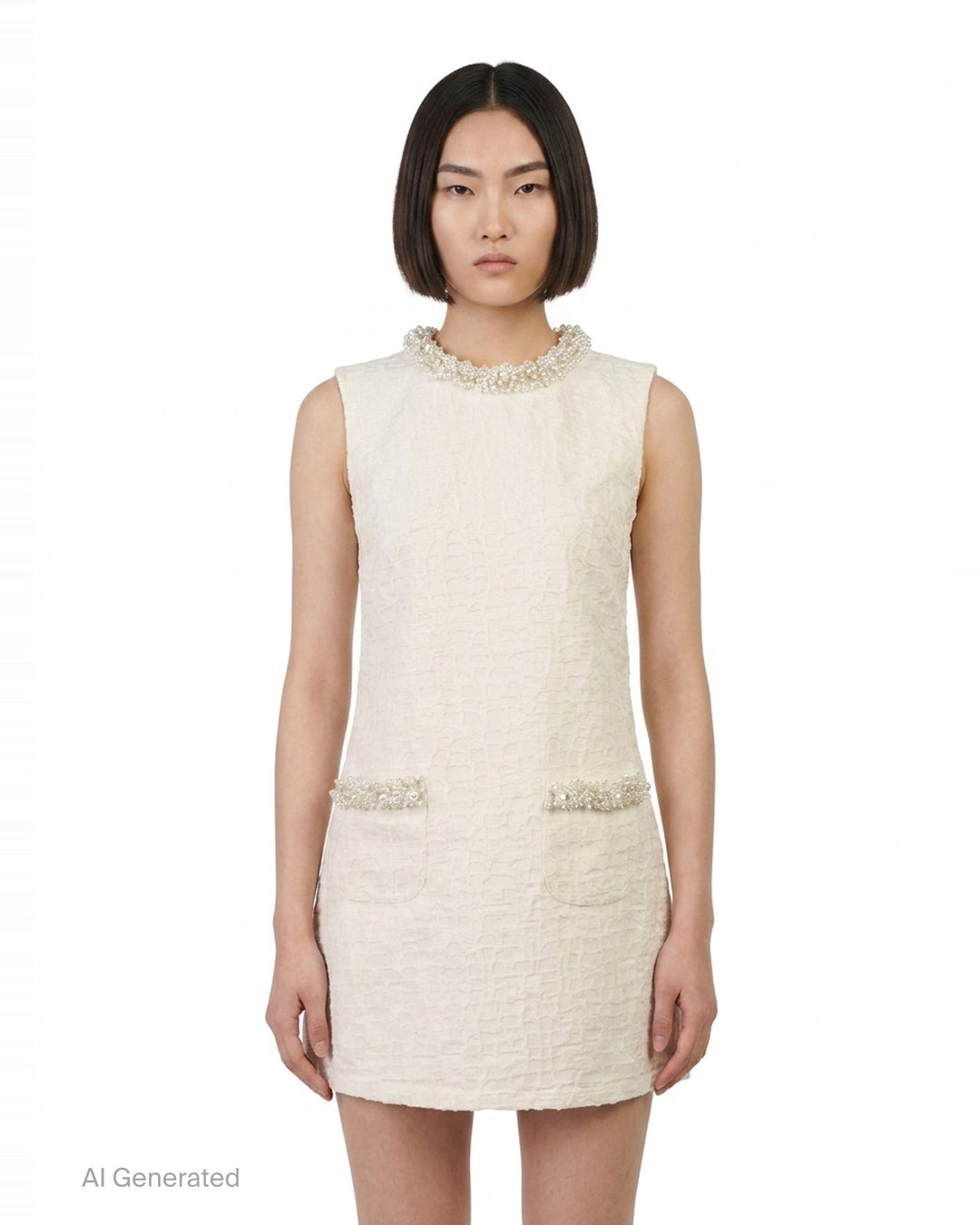 Cream Textured Pearl Trim Mini Dress | Self-Portrait | Club21 - front
