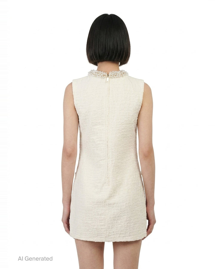 Cream Textured Pearl Trim Mini Dress | Self-Portrait | Club21 - back