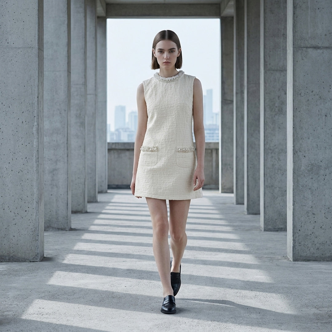 Cream Textured Pearl Trim Mini Dress | Self-Portrait | Club21 - lifestyle