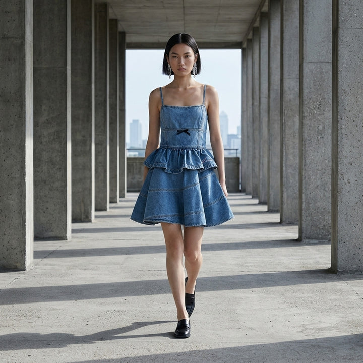 Denim Flared Peplum Mini Dress | Self-Portrait | Club21 - lifestyle