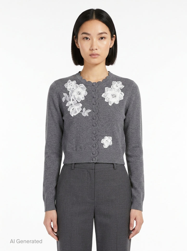 Grey Lace Flower Knit Cardigan | Self-Portrait | Club21 - front