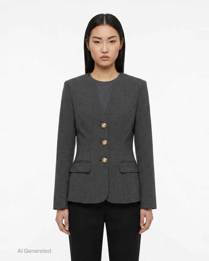 Grey Wool Collarless Jacket | Self-Portrait | Club21 - front