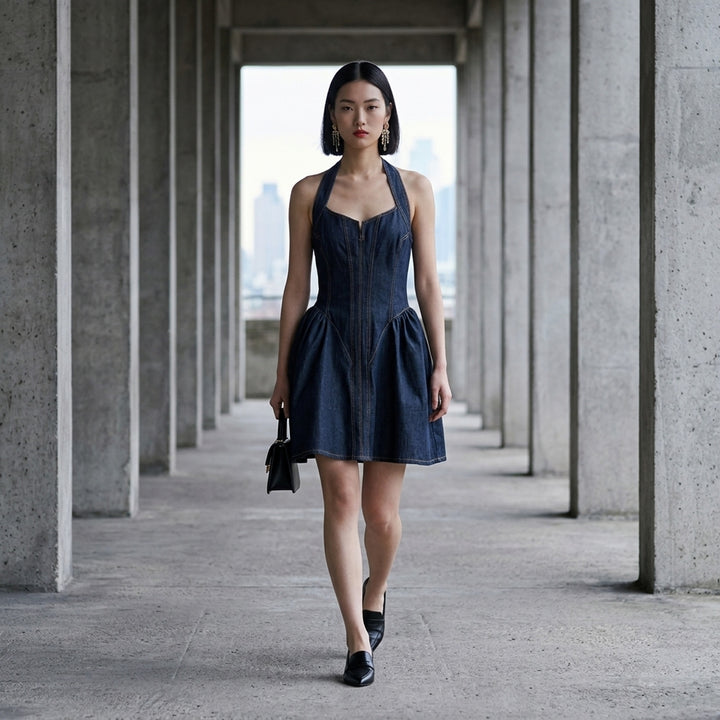 Indigo Denim Halterneck Flared Dress | Self-Portrait | Club21 - lifestyle