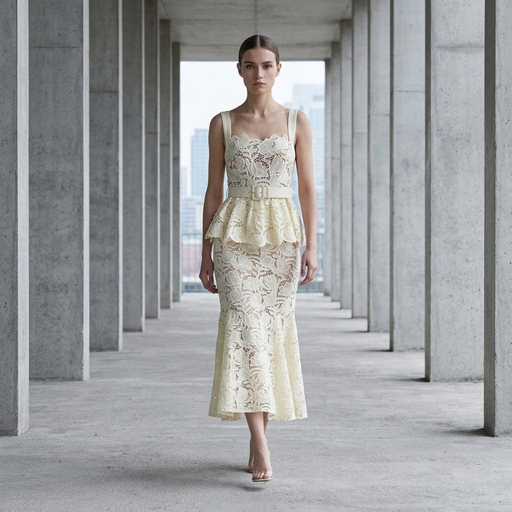 Ivory Lace Peplum Midi Dress | Self-Portrait | Club21 - lifestyle
