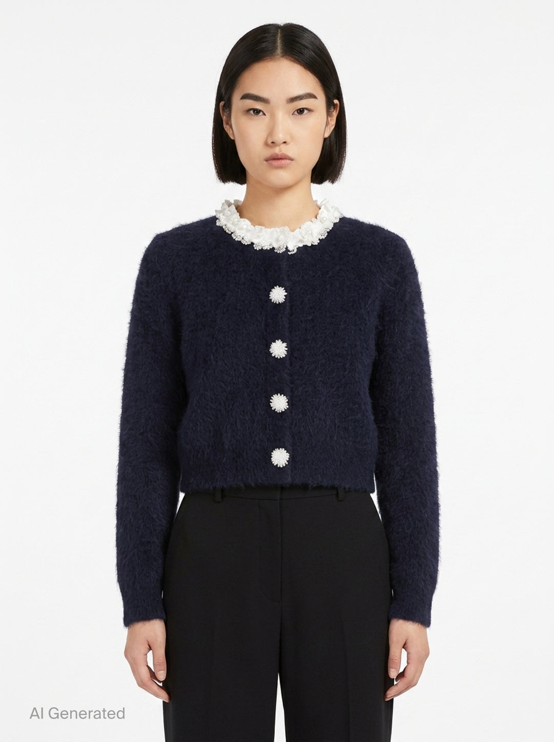 Navy Flower Pearl Trim Knit Cardigan | Self-Portrait | Club21 - front