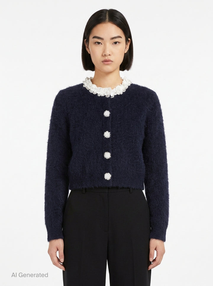 Navy Flower Pearl Trim Knit Cardigan | Self-Portrait | Club21 - front