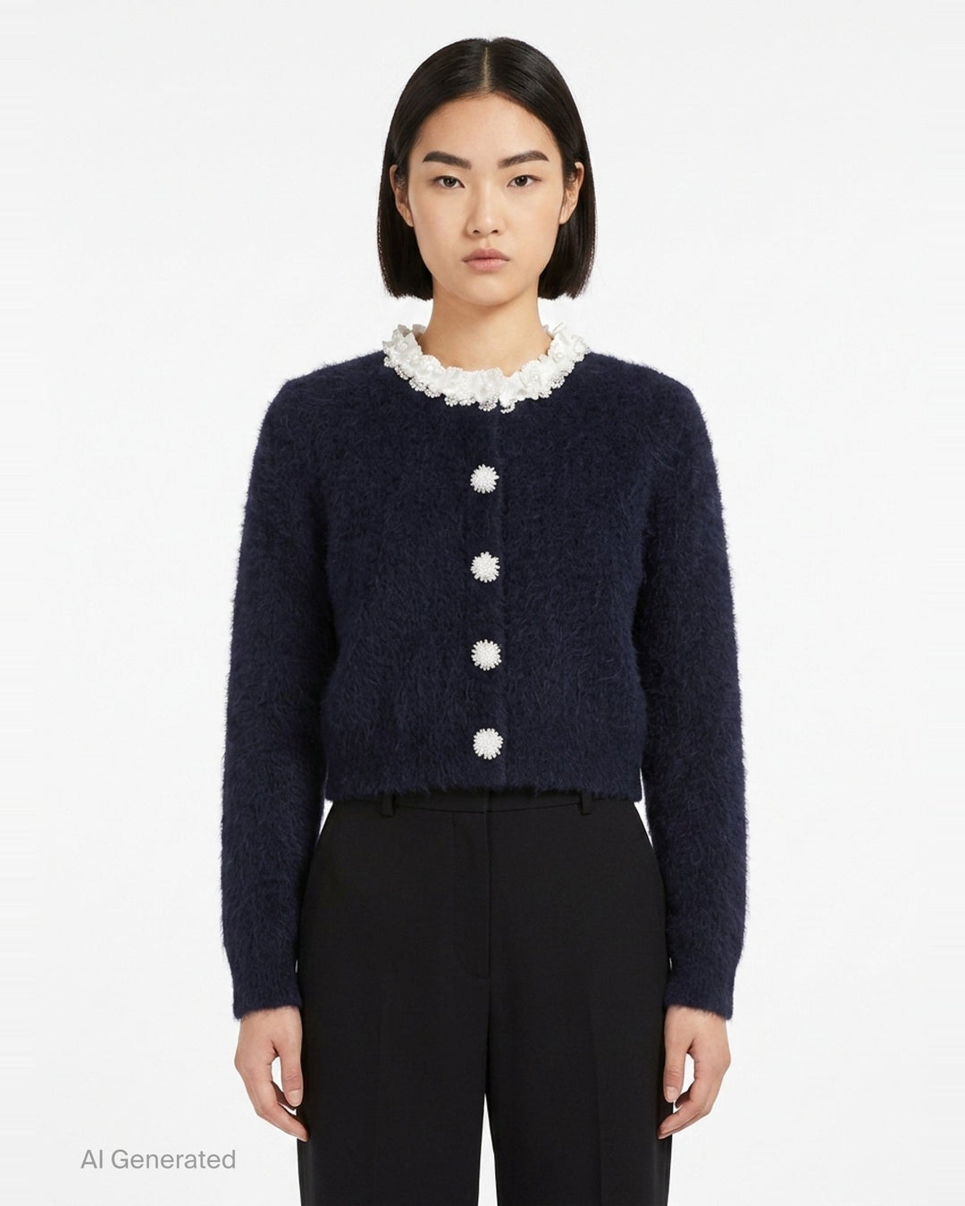 Navy Flower Pearl Trim Knit Cardigan | Self-Portrait | Club21 - front