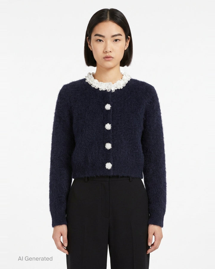 Navy Flower Pearl Trim Knit Cardigan | Self-Portrait | Club21 - front