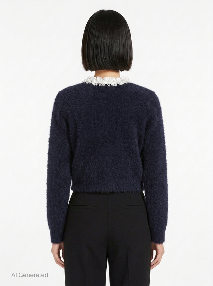 Navy Flower Pearl Trim Knit Cardigan | Self-Portrait | Club21 - back