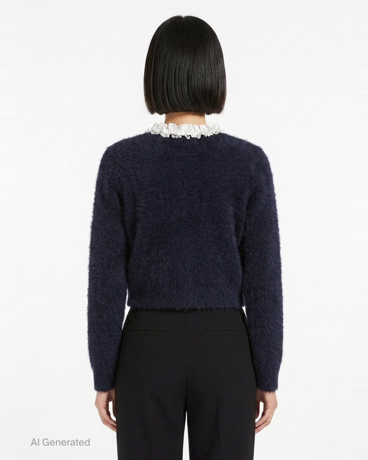Navy Flower Pearl Trim Knit Cardigan | Self-Portrait | Club21 - back