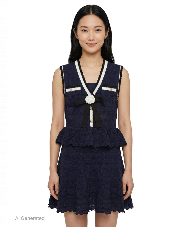 Navy Peplum Pointelle Knit Mini Dress | Self-Portrait | Club21 - front