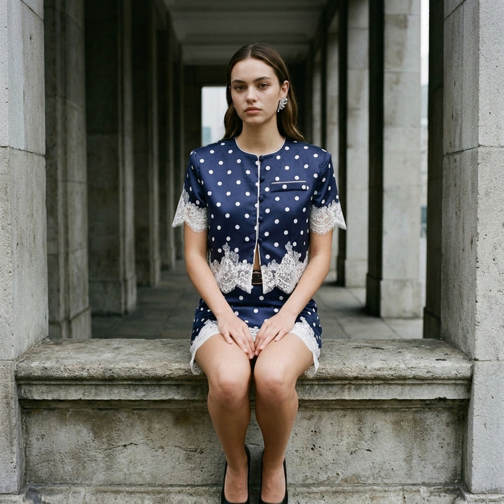 Navy Polka Dot Satin Mini Skirt | Self-Portrait | Club21 - lifestyle
