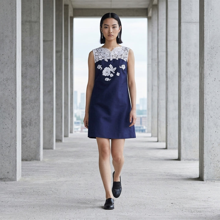 Navy Taffeta Lace Mini Dress | Self-Portrait | Club21 - lifestyle