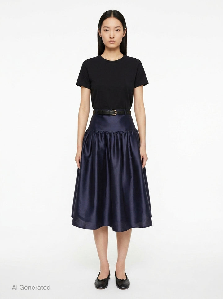 Navy Taffeta Midi Skirt | Self-Portrait | Club21 - front