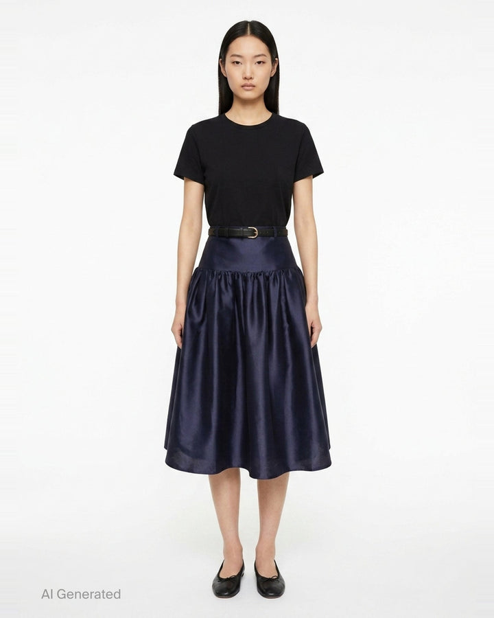 Navy Taffeta Midi Skirt | Self-Portrait | Club21 - front