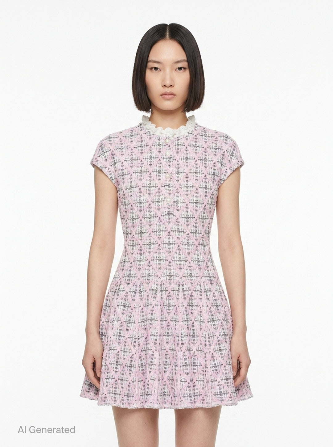 Pink Check Knit Beaded Mini Dress | Self-Portrait | Club21 - front