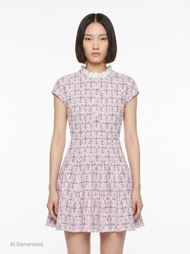 Pink Check Knit Beaded Mini Dress | Self-Portrait | Club21 - front