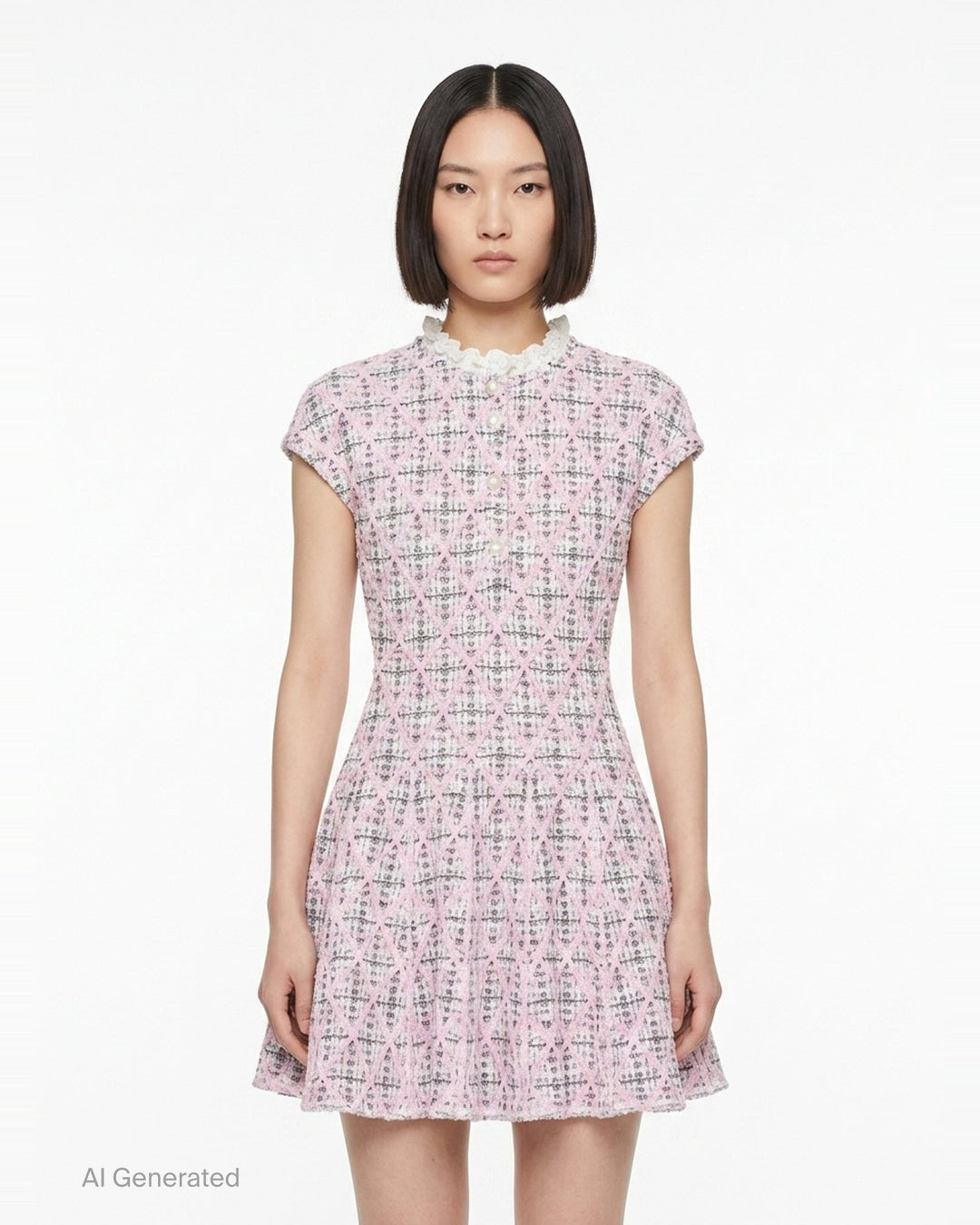 Pink Check Knit Beaded Mini Dress | Self-Portrait | Club21 - front