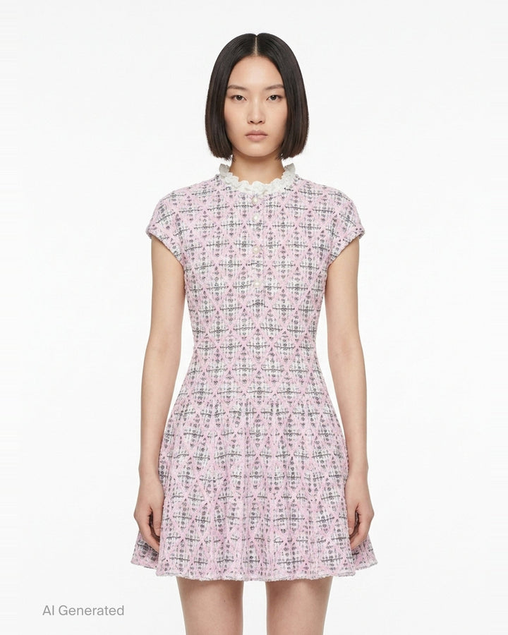 Pink Check Knit Beaded Mini Dress | Self-Portrait | Club21 - front