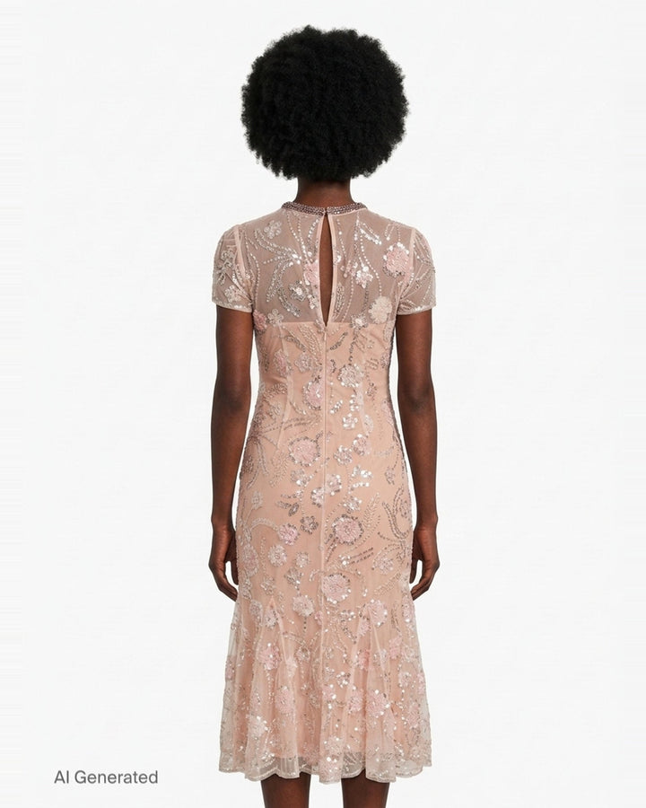Pink Flower Sequin Midi Dress | Self-Portrait | Club21 - back