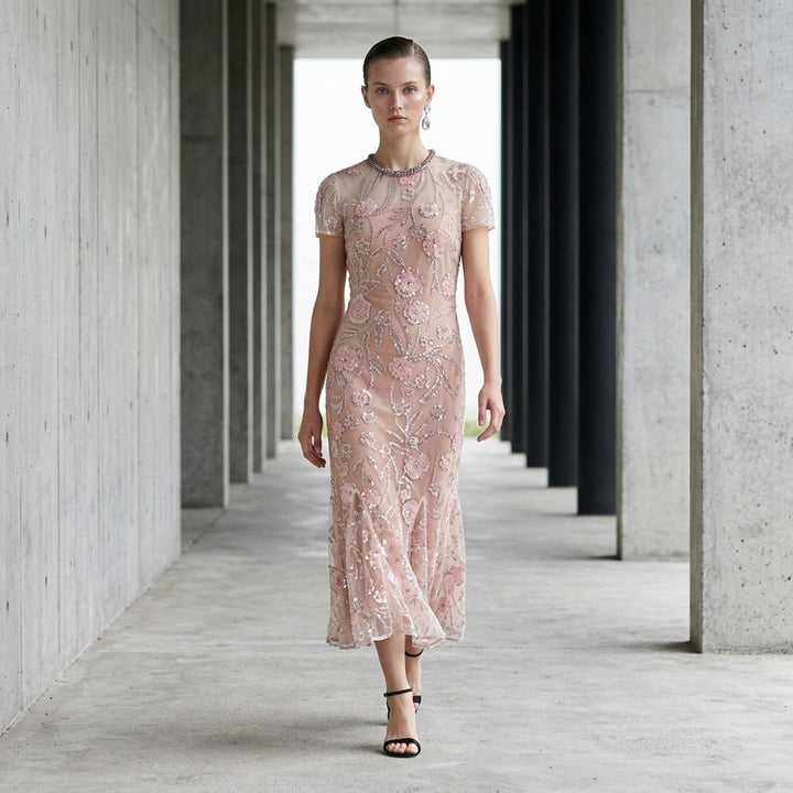 Pink Flower Sequin Midi Dress | Self-Portrait | Club21 - lifestyle