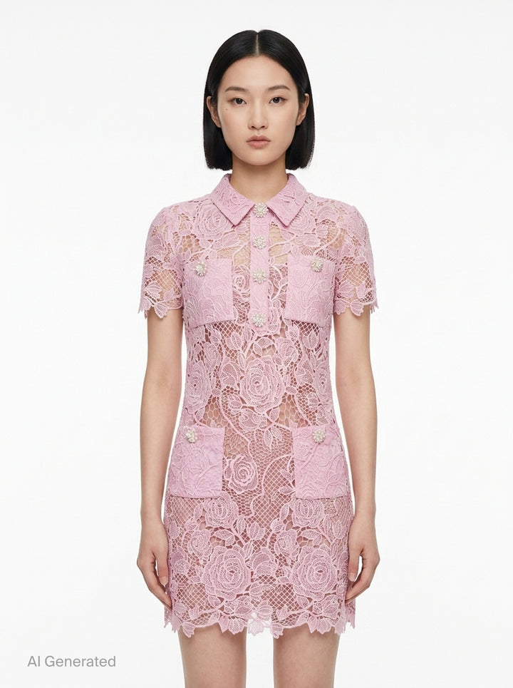 Pink Lace Button Down Mini Dress | Self-Portrait | Club21 - front