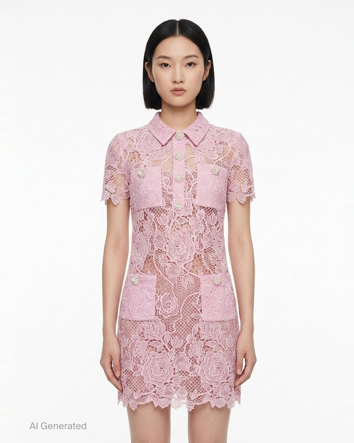 Pink Lace Button Down Mini Dress | Self-Portrait | Club21 - front