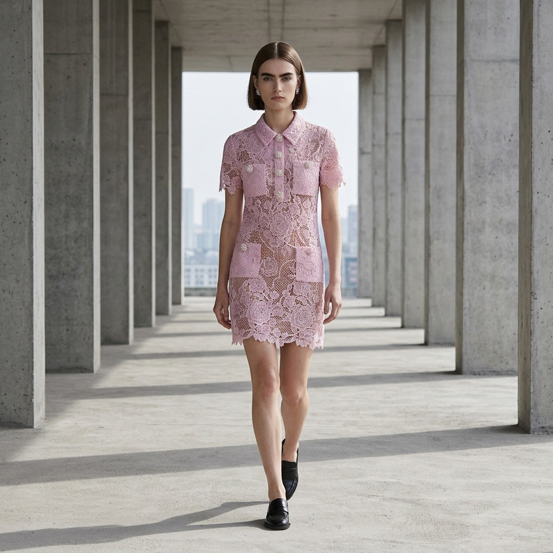 Pink Lace Button Down Mini Dress | Self-Portrait | Club21 - lifestyle