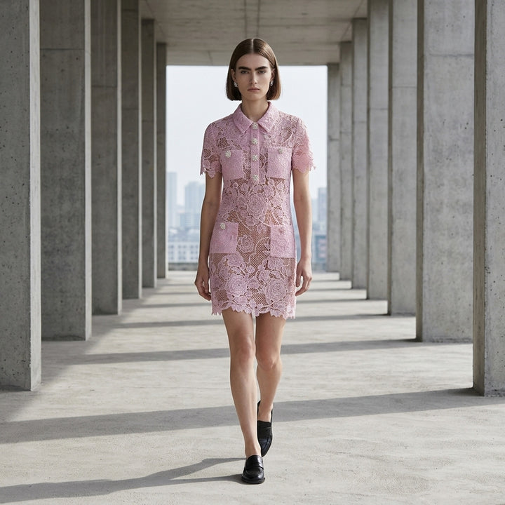 Pink Lace Button Down Mini Dress | Self-Portrait | Club21 - lifestyle