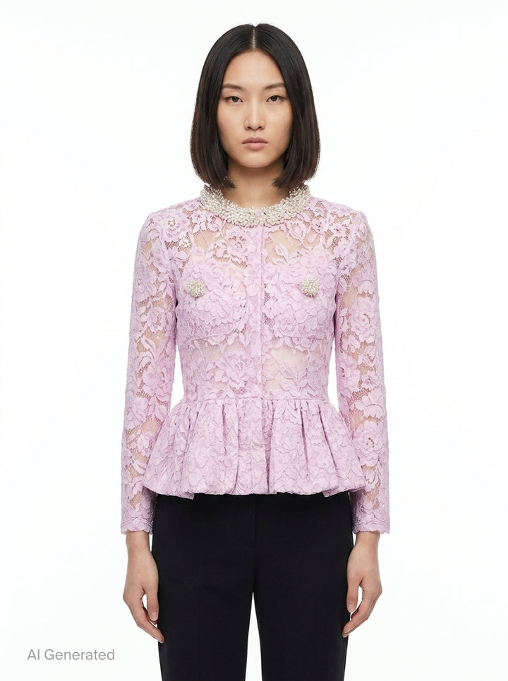 Pink Lace Peplum Top | Self-Portrait | Club21 - front