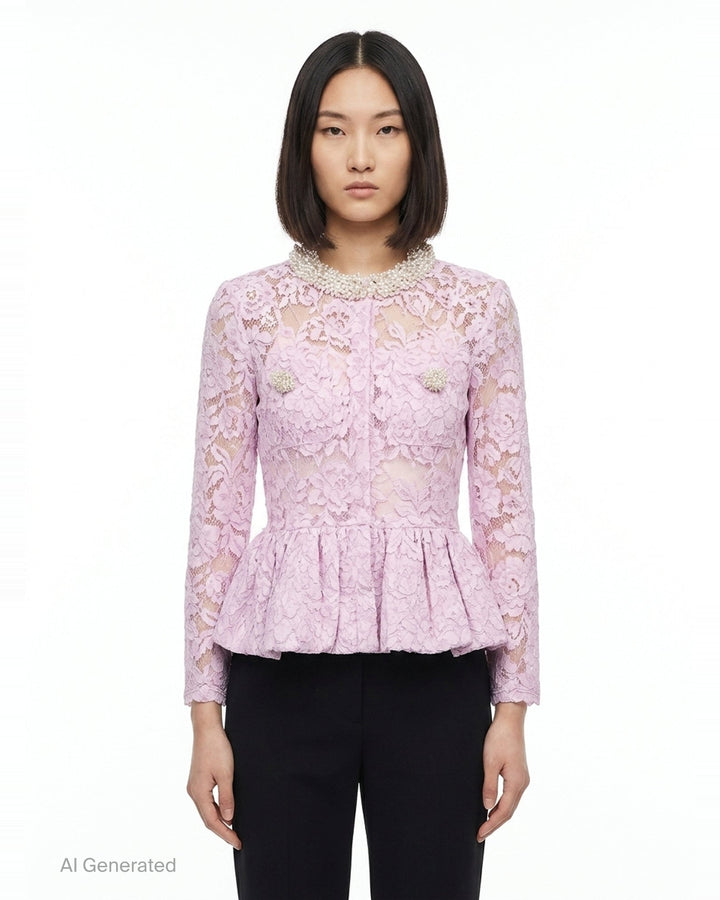 Pink Lace Peplum Top | Self-Portrait | Club21 - front