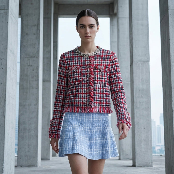 Red Check Frayed Knit Jacket | Self-Portrait | Club21 - lifestyle