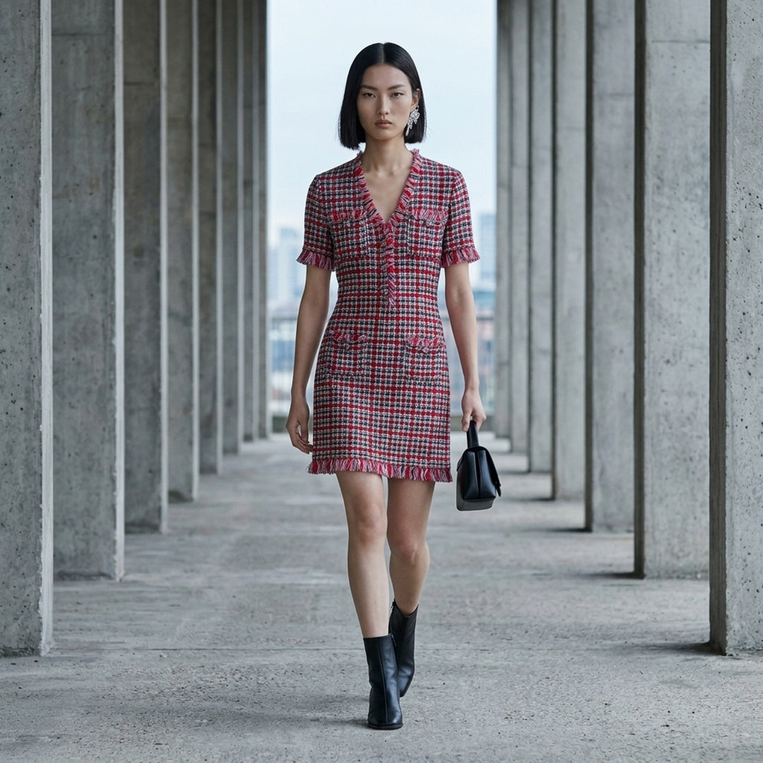 Red Check Frayed Knit Mini Dress | Self-Portrait | Club21 - lifestyle