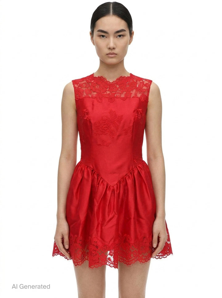 Red Taffeta Lace Mini Dress | Self-Portrait | Club21 - front