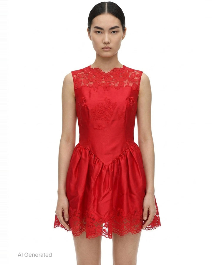 Red Taffeta Lace Mini Dress | Self-Portrait | Club21 - front