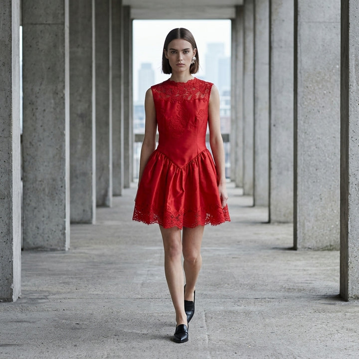 Red Taffeta Lace Mini Dress | Self-Portrait | Club21 - lifestyle