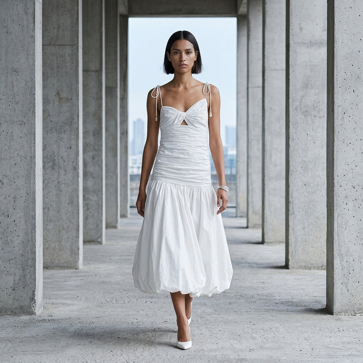 White Cotton Gathered Midi Dress | Self-Portrait | Club21 - lifestyle