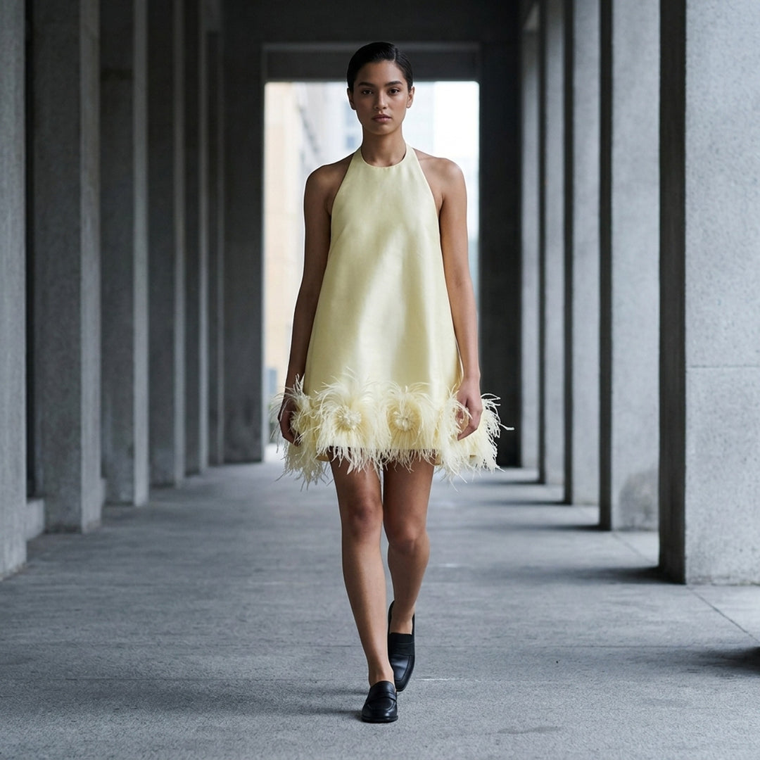 Yellow Taffeta Feather Trim Mini Dress | Self-Portrait | Club21 - lifestyle