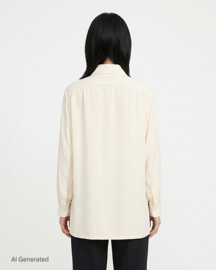 Setchu cady kimono shirt in cream with an integrated neck tie, button placket and long sleeves - back