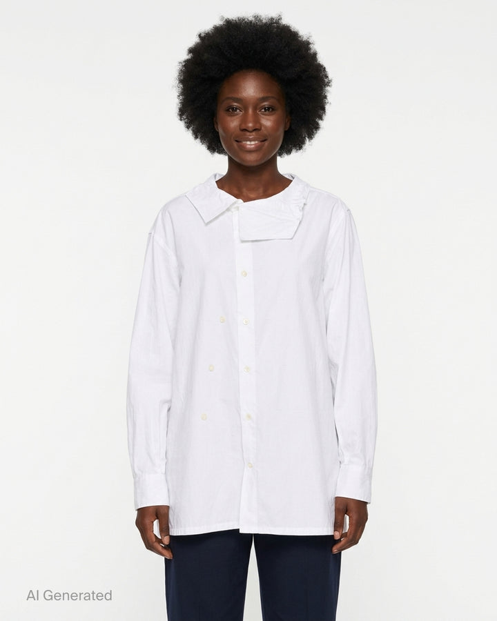 Setchu white cotton shirt with asymmetric folded collar, offset double-breasted button placket and oversized long sleeves - front