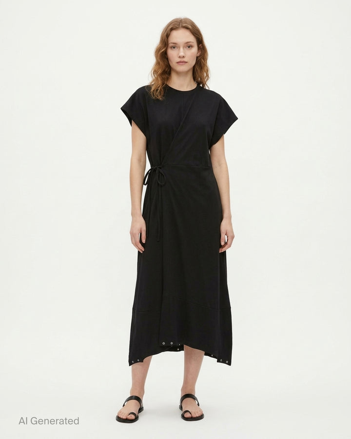 Setchu Makimono black maxi dress with cap sleeves, centre front seam, side drawcord and eyelet-trimmed hem - front