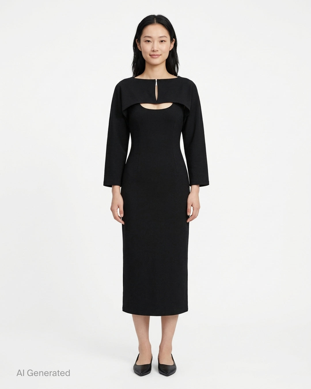 Setchu Makimono black maxi dress with cap sleeves, centre front seam, side drawcord and eyelet-trimmed hem - front
