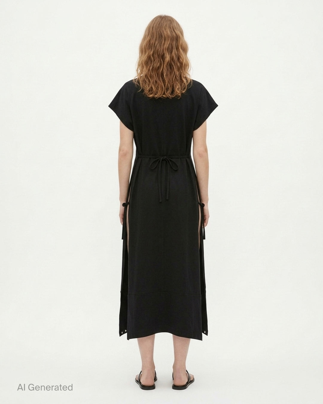 Setchu Makimono black maxi dress with cap sleeves, centre front seam, side drawcord and eyelet-trimmed hem - back