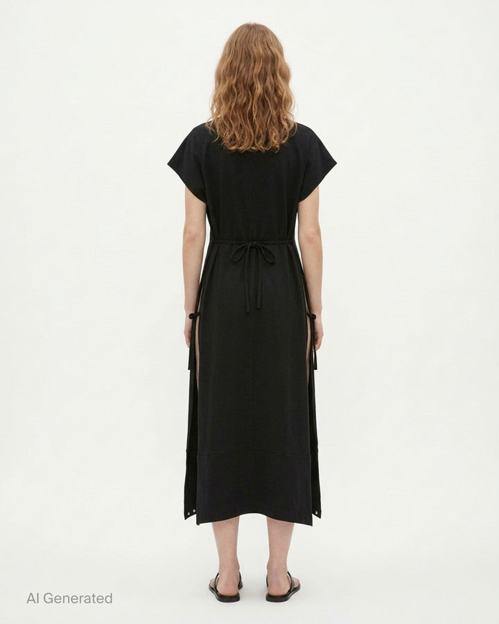 Setchu Makimono black maxi dress with cap sleeves, centre front seam, side drawcord and eyelet-trimmed hem - back