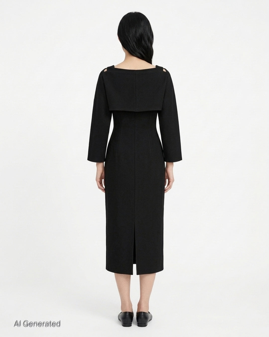 Setchu Makimono black maxi dress with cap sleeves, centre front seam, side drawcord and eyelet-trimmed hem - back