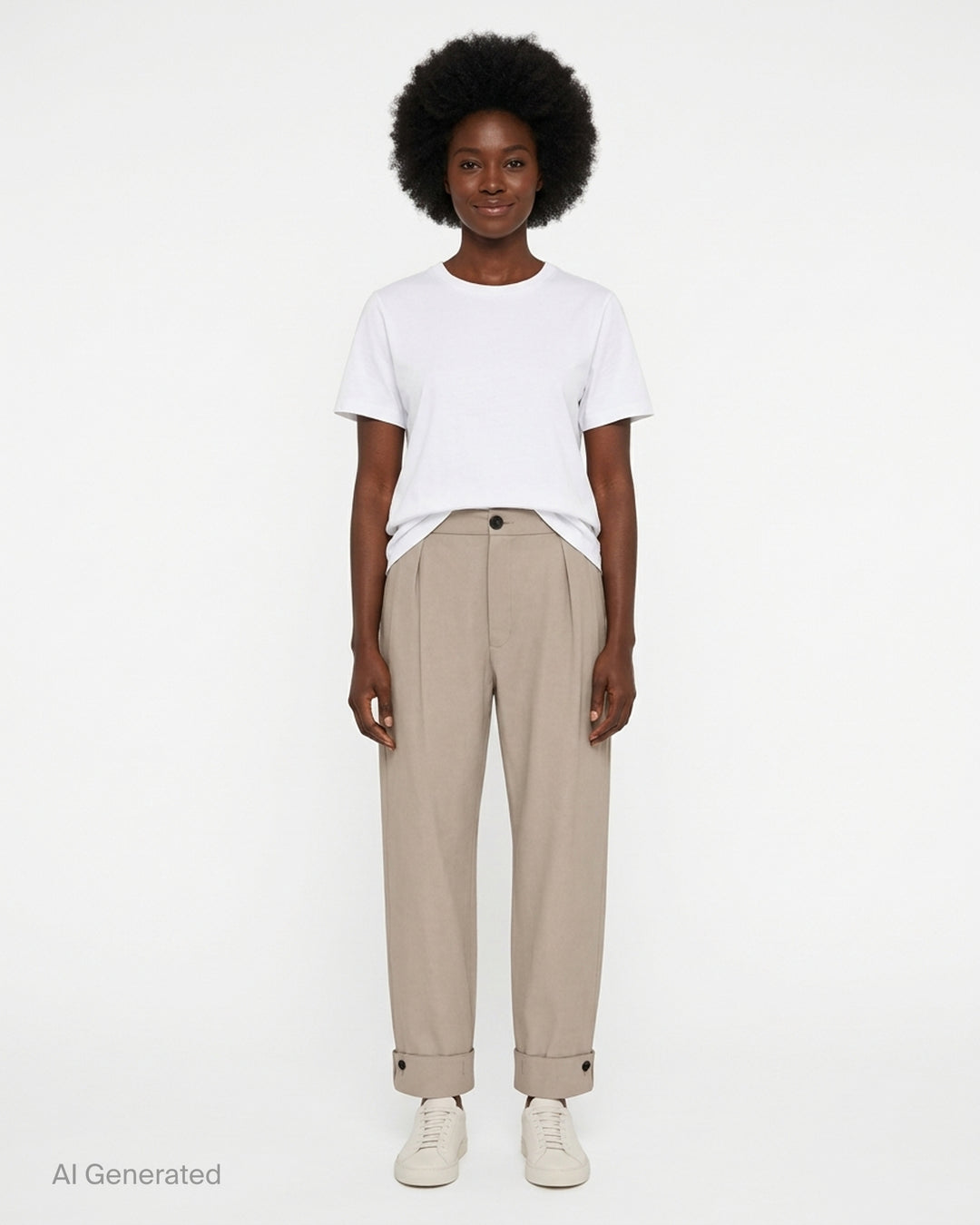 Setchu Origami Pants 2 in a stone-toned wool-cotton blend, shown front view with pleated waist, button fly and button-tab cuffs - front